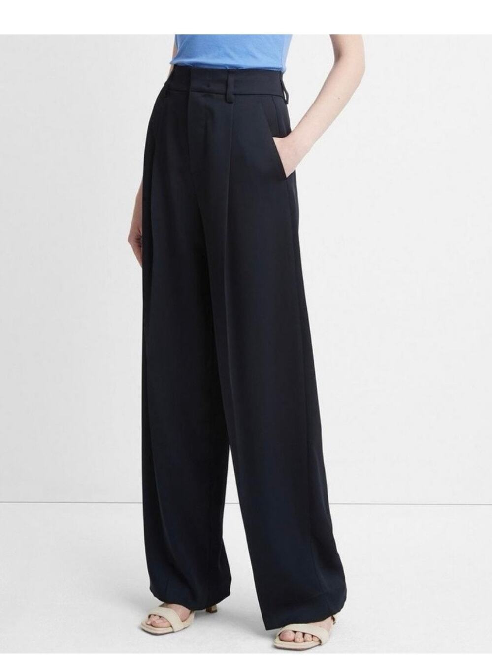 Vince Wide Leg Tuxedo Stripe Satin Pant Black Dressy Work Pant 12